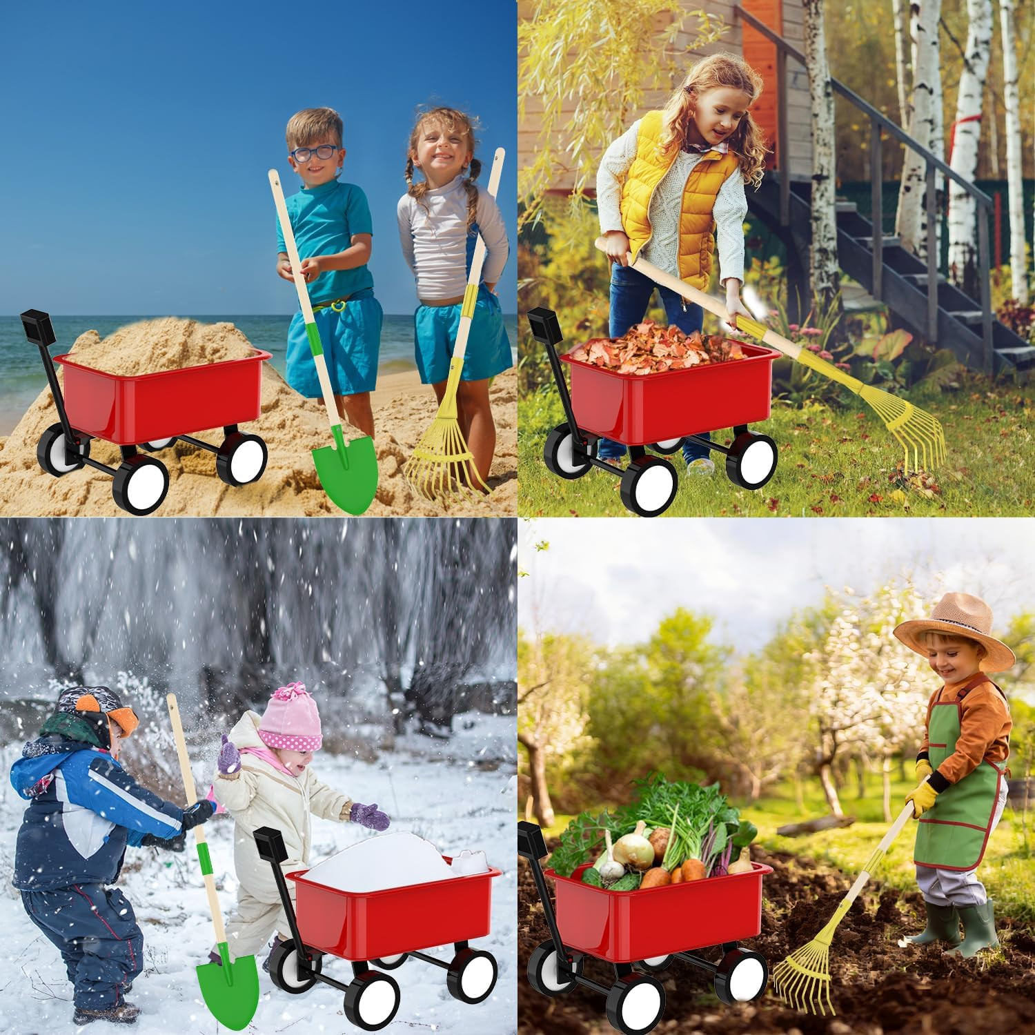 Qtioucp Kids Gardening Wheelbarrow Set, Metal & Wooden Garden Tools for Kids