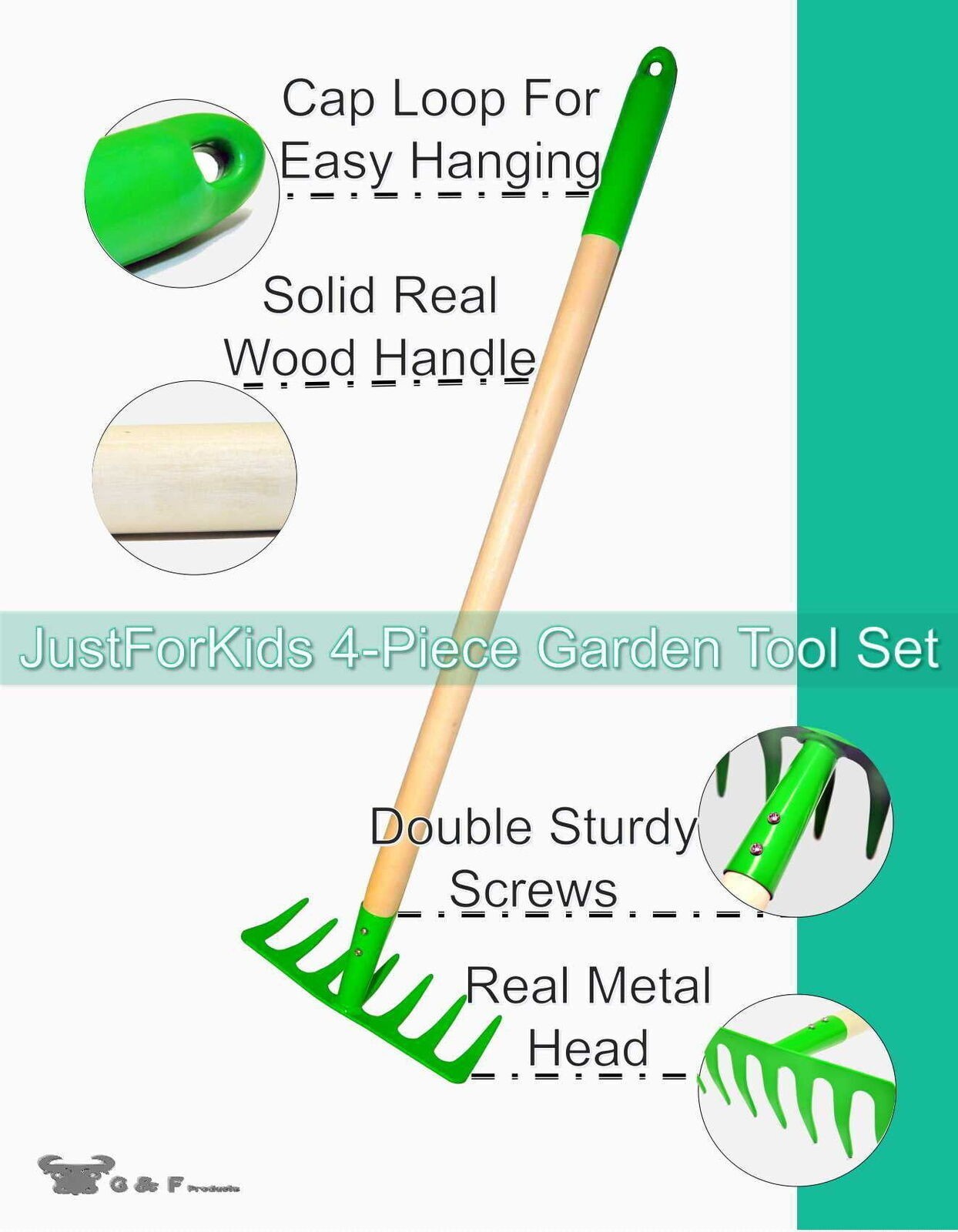 Kids Garden Tool Set Toy, Rake, Spade, Hoe and Leaf Rake, reduced size, 4-Piece