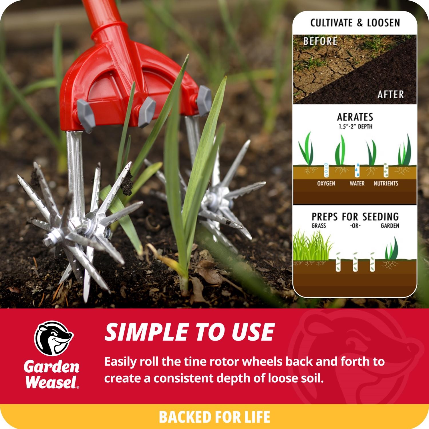 Garden Weasel 3 Tine Steel Rotary Hand Cultivator 45 in. Steel Handle