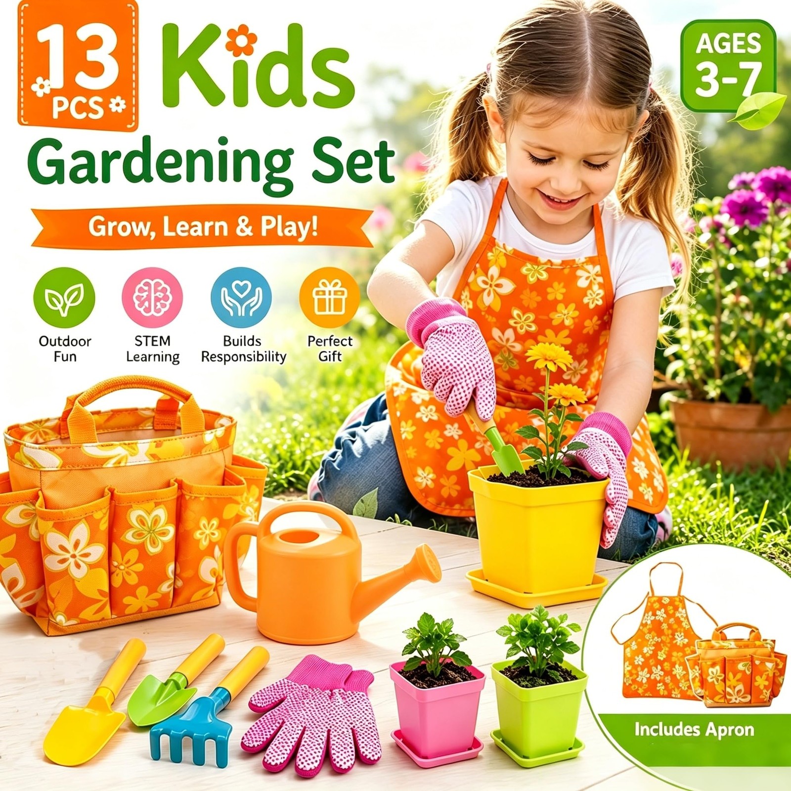 Gardening Set for Girls Boys Ages 3-7,13PCS Garden Tool Kit with Apron,Tote B…
