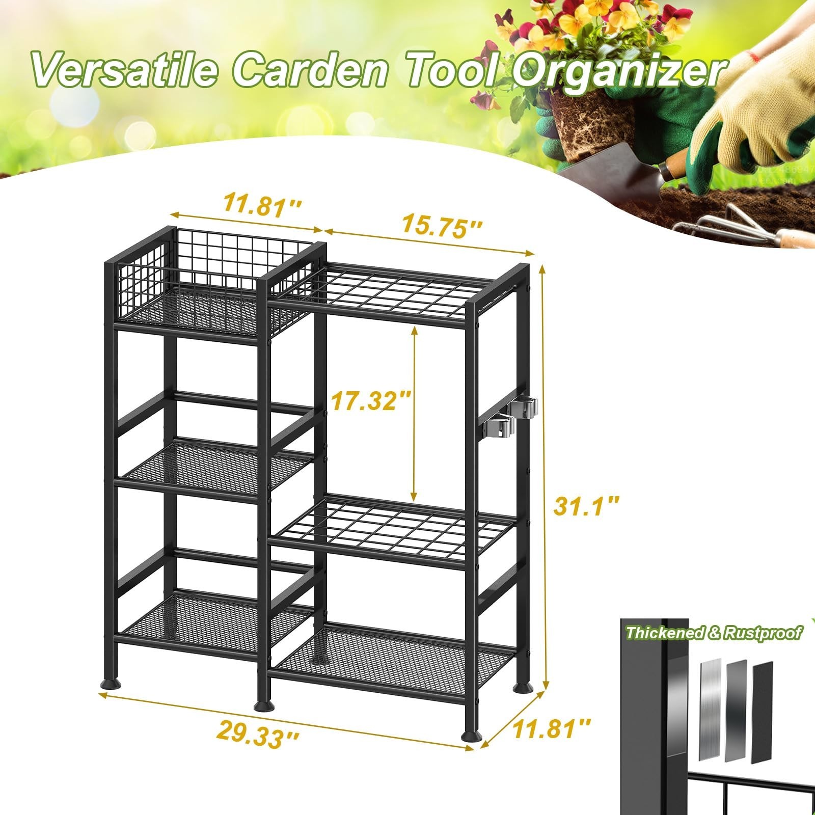 keomaisyto Garden Tool Organizer With Basket – 3 Tier Yard Storage Rack for G…