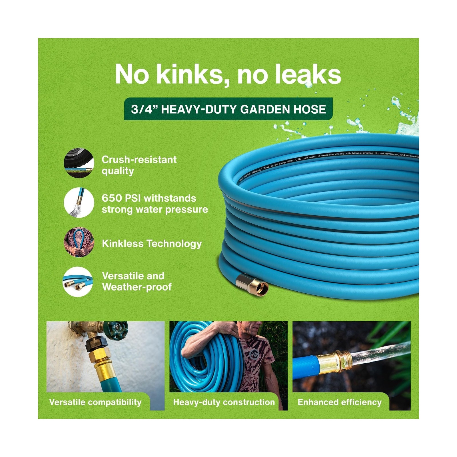 Aeromixer THE HOSE – 3/4 Inch Garden Hose 100 Ft, Kinkless Commercial Garden …