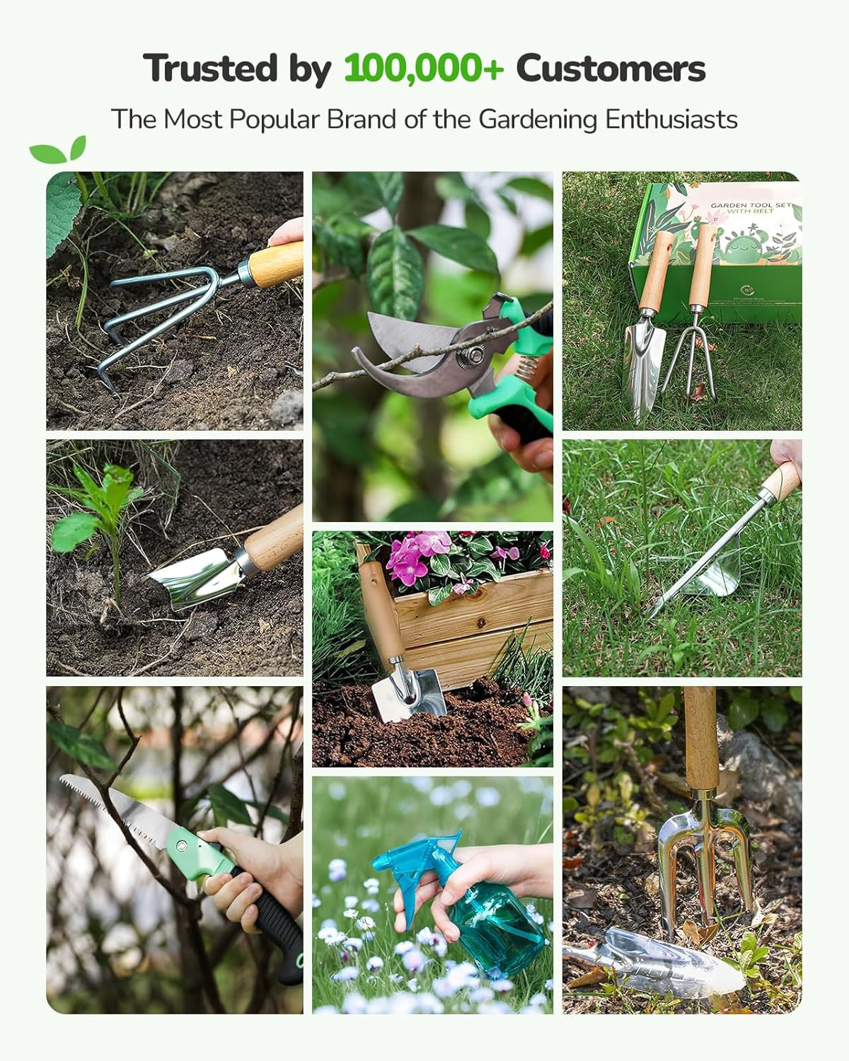 10Pcs Garden Tool Set Stainless Steel Heavy Duty Gardening Gifts with Tool Belt