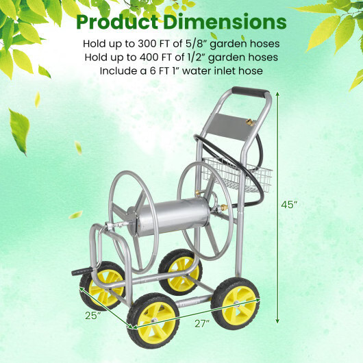 Garden Hose Reel Cart Metal Hose Cart with 4 Wheels and Storage Basket-Silver –
