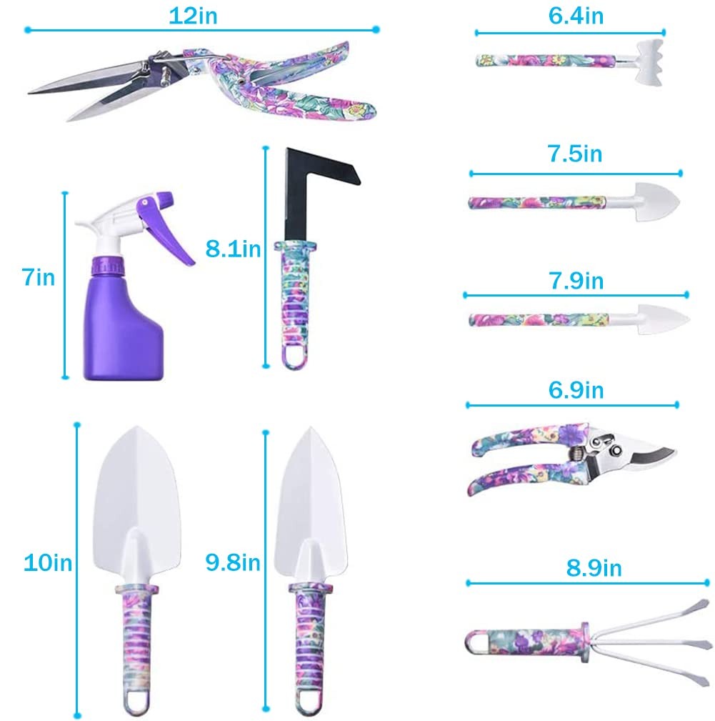 10 Piece Floral Print Garden Tool Set, Ergonomic Handle, Trowel, Rake, Case