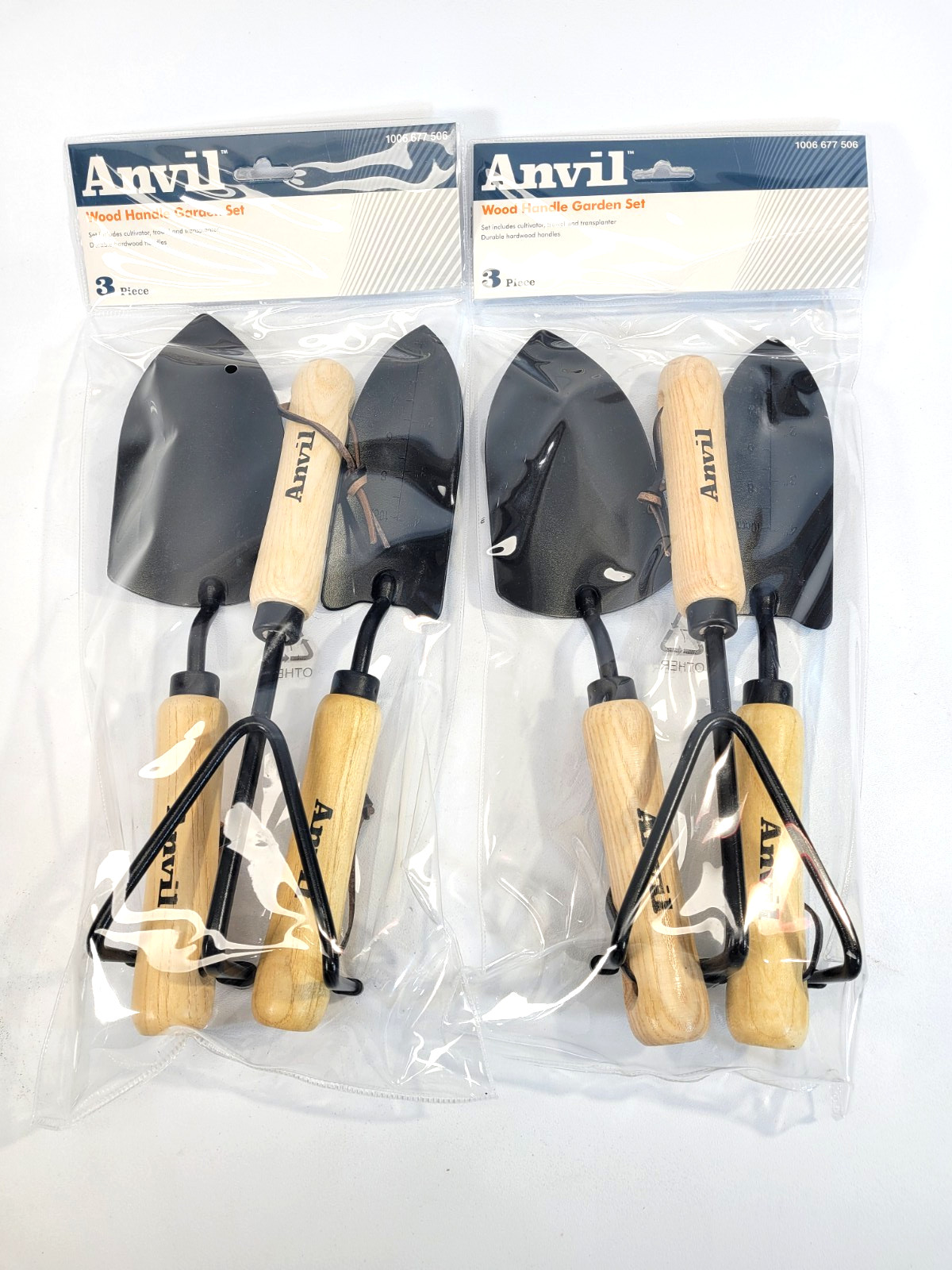 2pk Anvil Wood Handle Garden Tool Set 3-Piece Trowel Transplanter and Cultivator