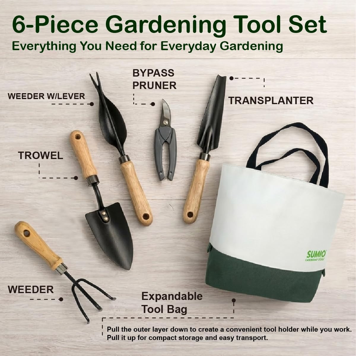6PCS Gardening Tool Set with Storage Bag, Garden Hand Tools Kit with Pruner, Tro