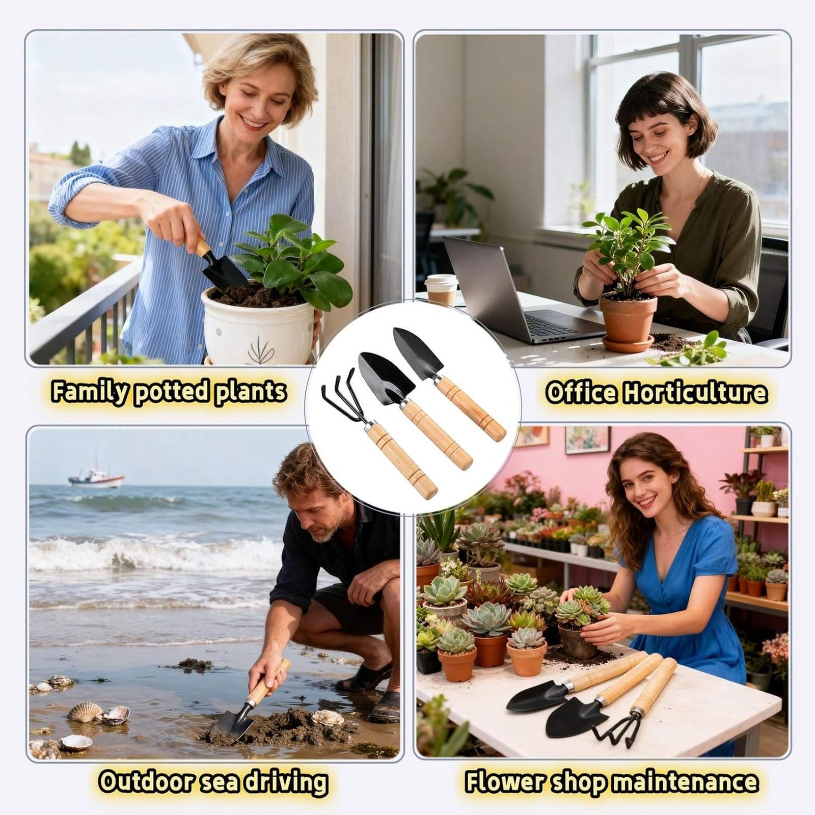 Mini Garden Tool Set with Wood Handles, Black Iron Trowel Transplanter Rake for
