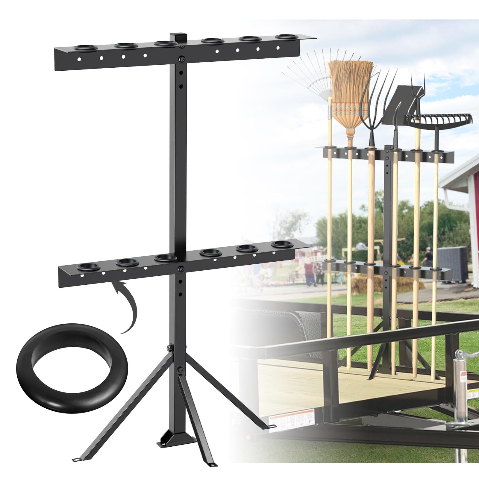 Utility Trailer Tool Rack with 6 Rubber Holes with Brackets , Dark Black