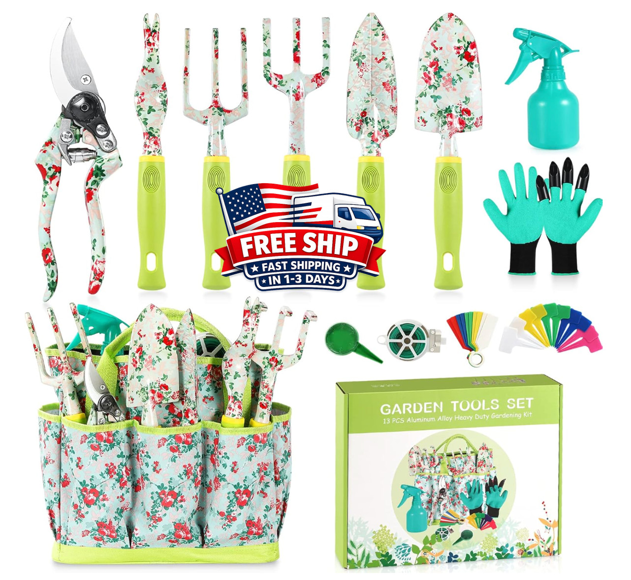 Gardening Tool Set – 13 PCS Heavy Duty Aluminum Gardening Tools Kit Floral Pr…
