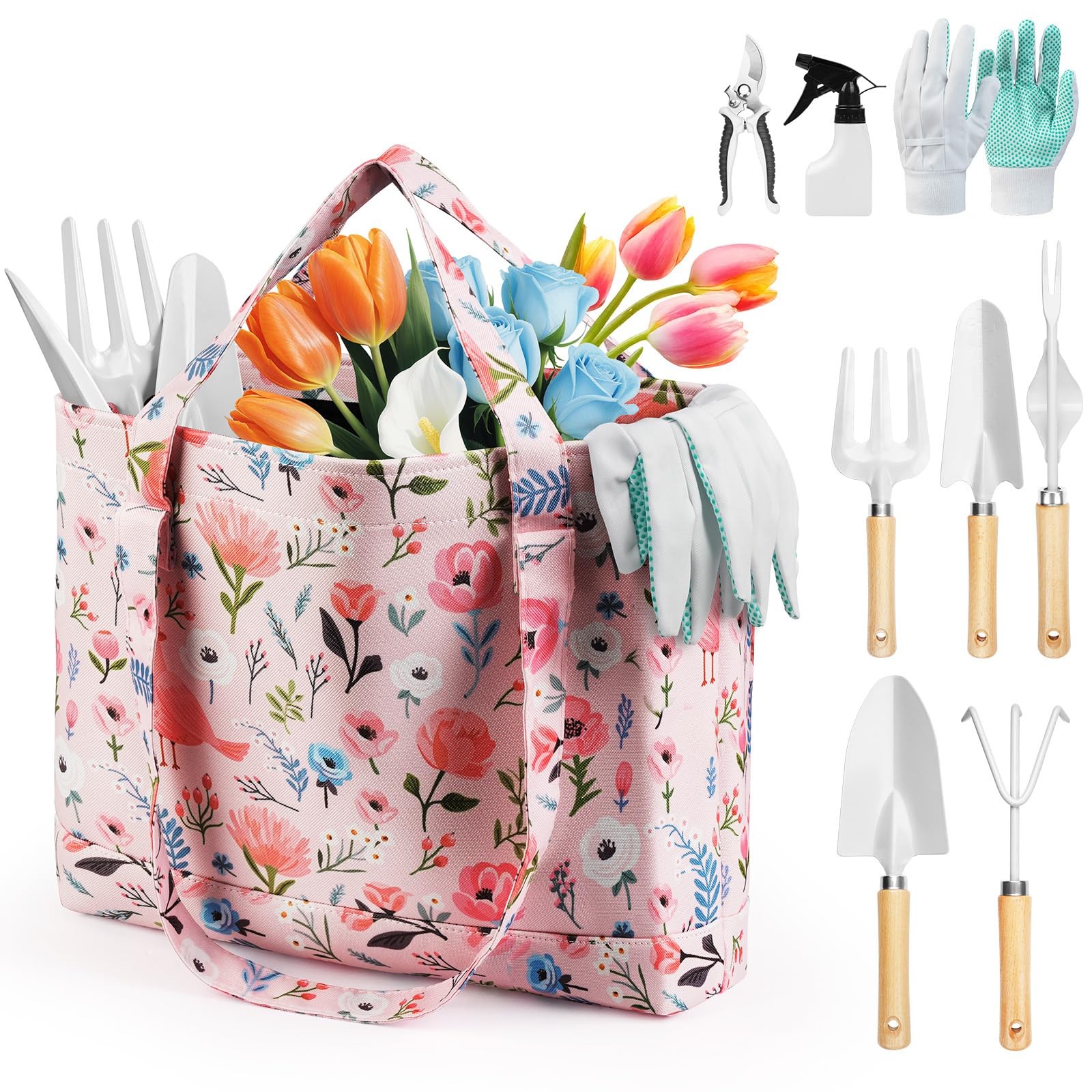 Rust Proof Heavy Duty Garden Tool Set with Floral Organizer Bag Garden Gifts