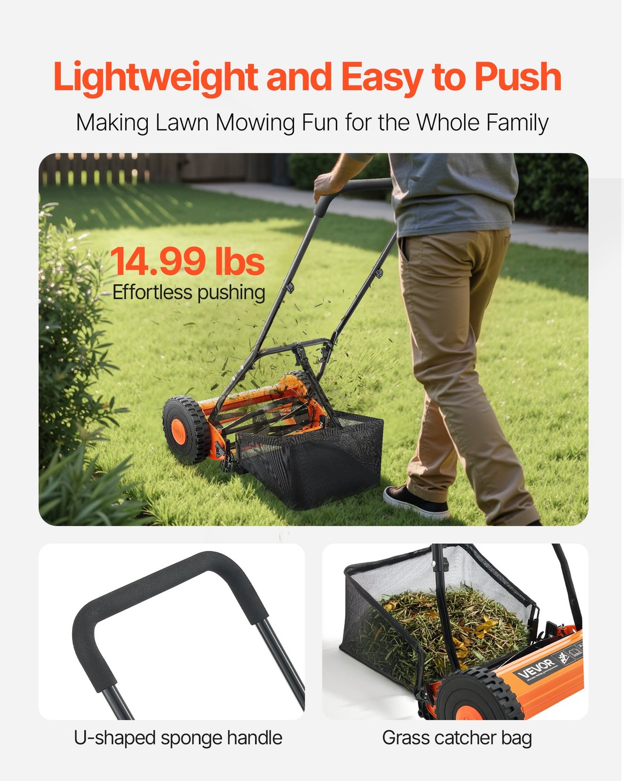Push Reel Lawn Mower 16 inch,5 Blades Manual Push Mower No Motor,0.6-1.75 in Adj