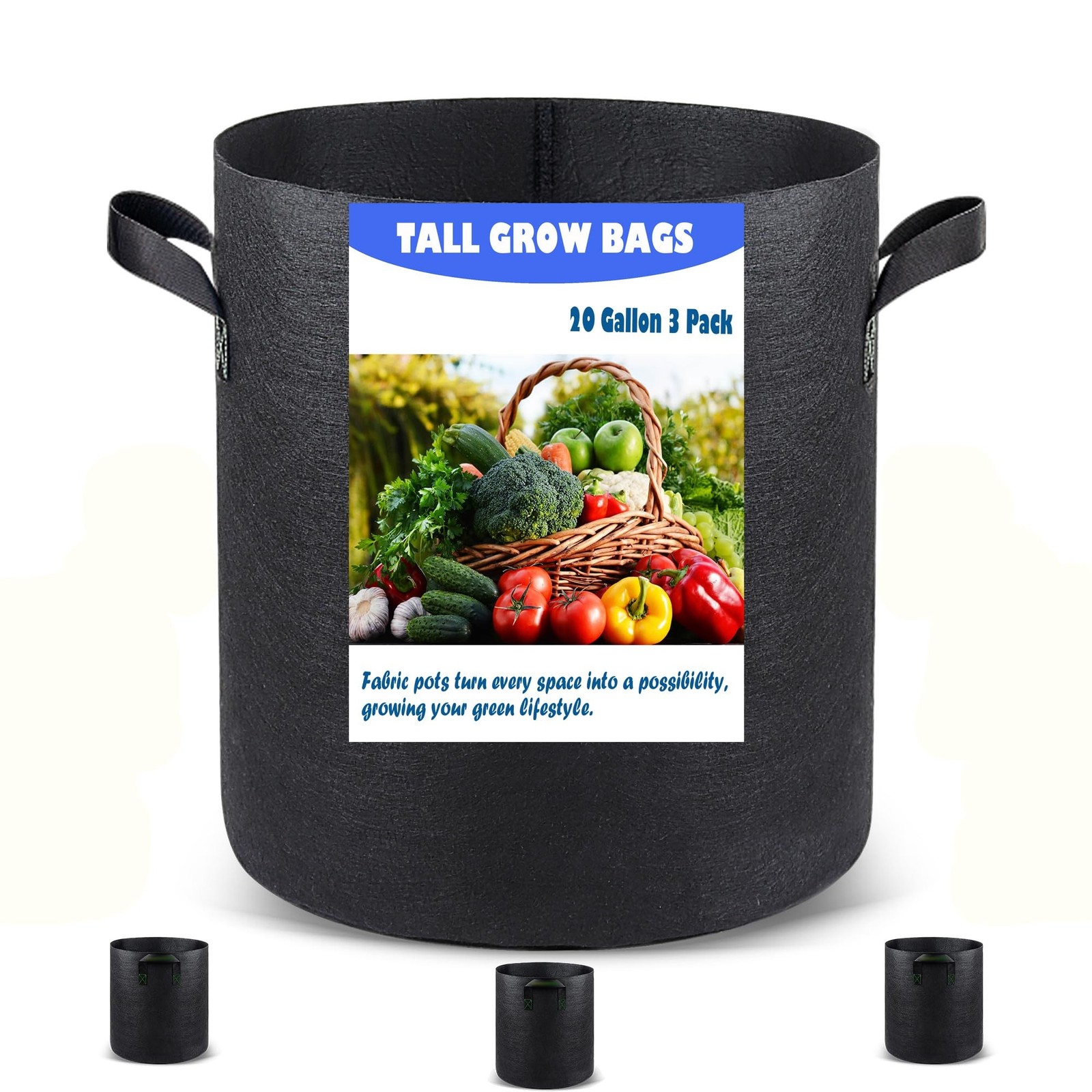 Taller Grow Bags, 20 Gallon 3 Pack | Heavy Duty Nonwoven, Aeration Fabric, De…