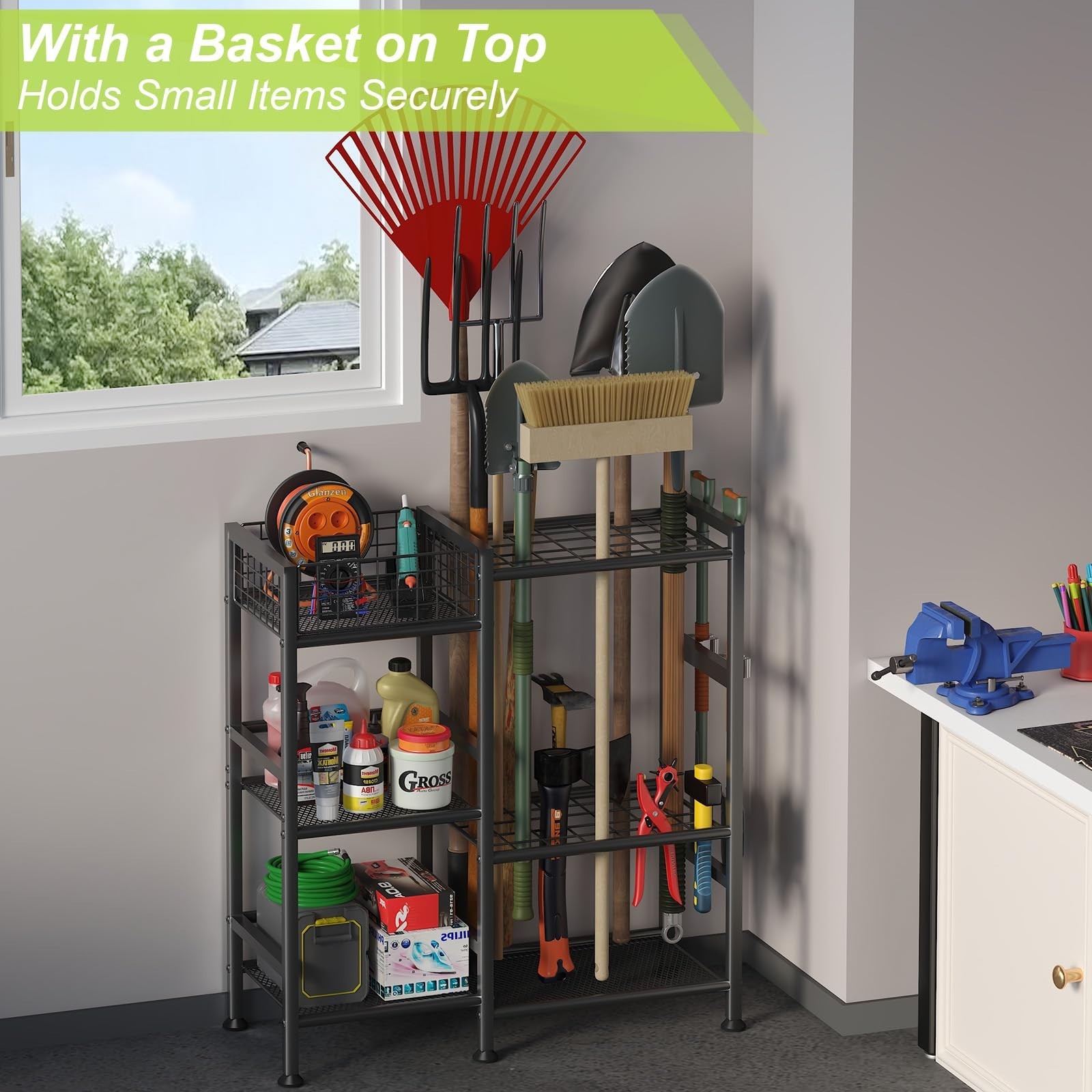 keomaisyto Garden Tool Organizer With Basket – 3 Tier Yard Storage Rack for G…