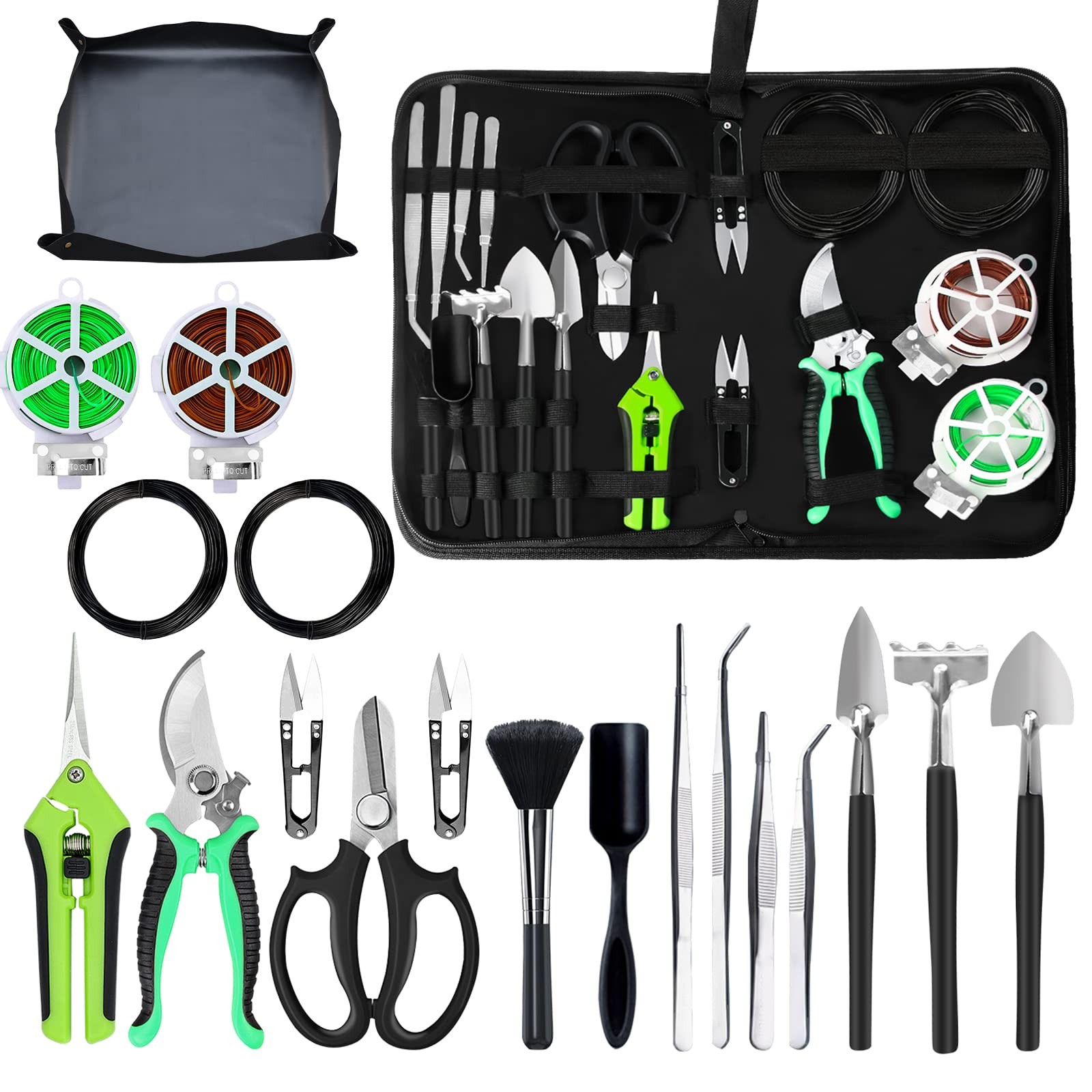 Bonsai Tool Kit, 20~Piece Set with Wire, Mat, Scissors & Shears