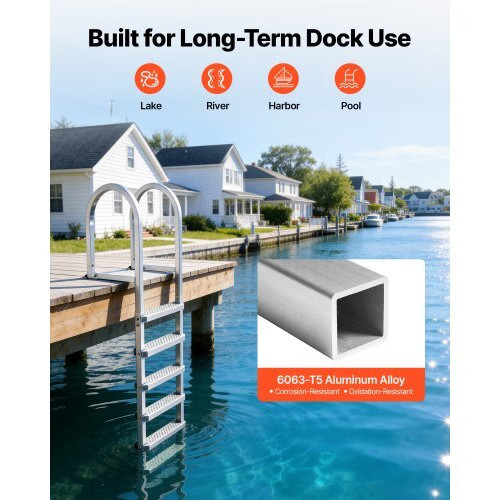Removable Dock Ladder, 5 Steps, Aluminum Alloy Pontoon Boat Swim Ladder, with No