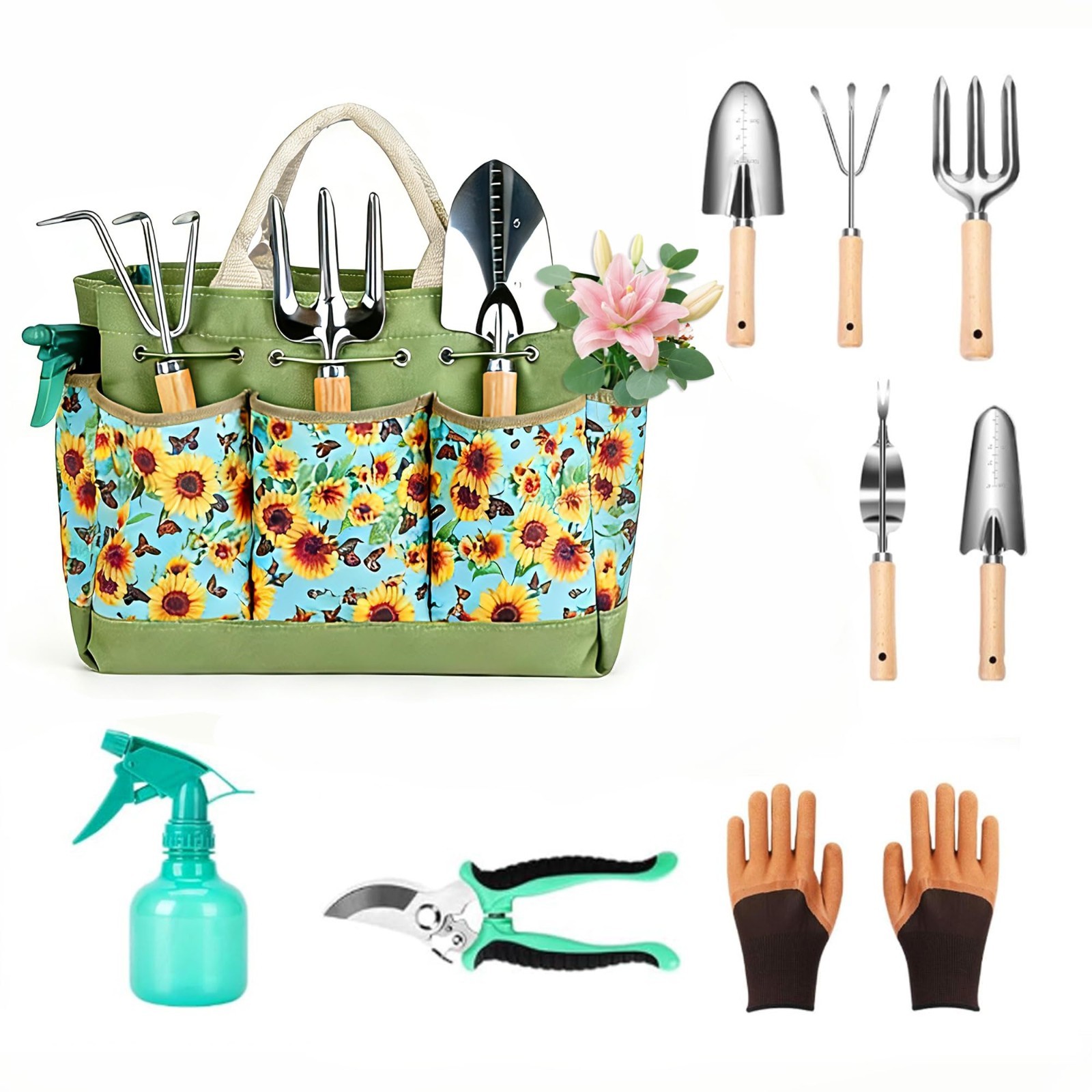 9-Pc Heavy Duty Stainless Steel Garden Tool Set w/Bag & Yellow Flower – Perfect