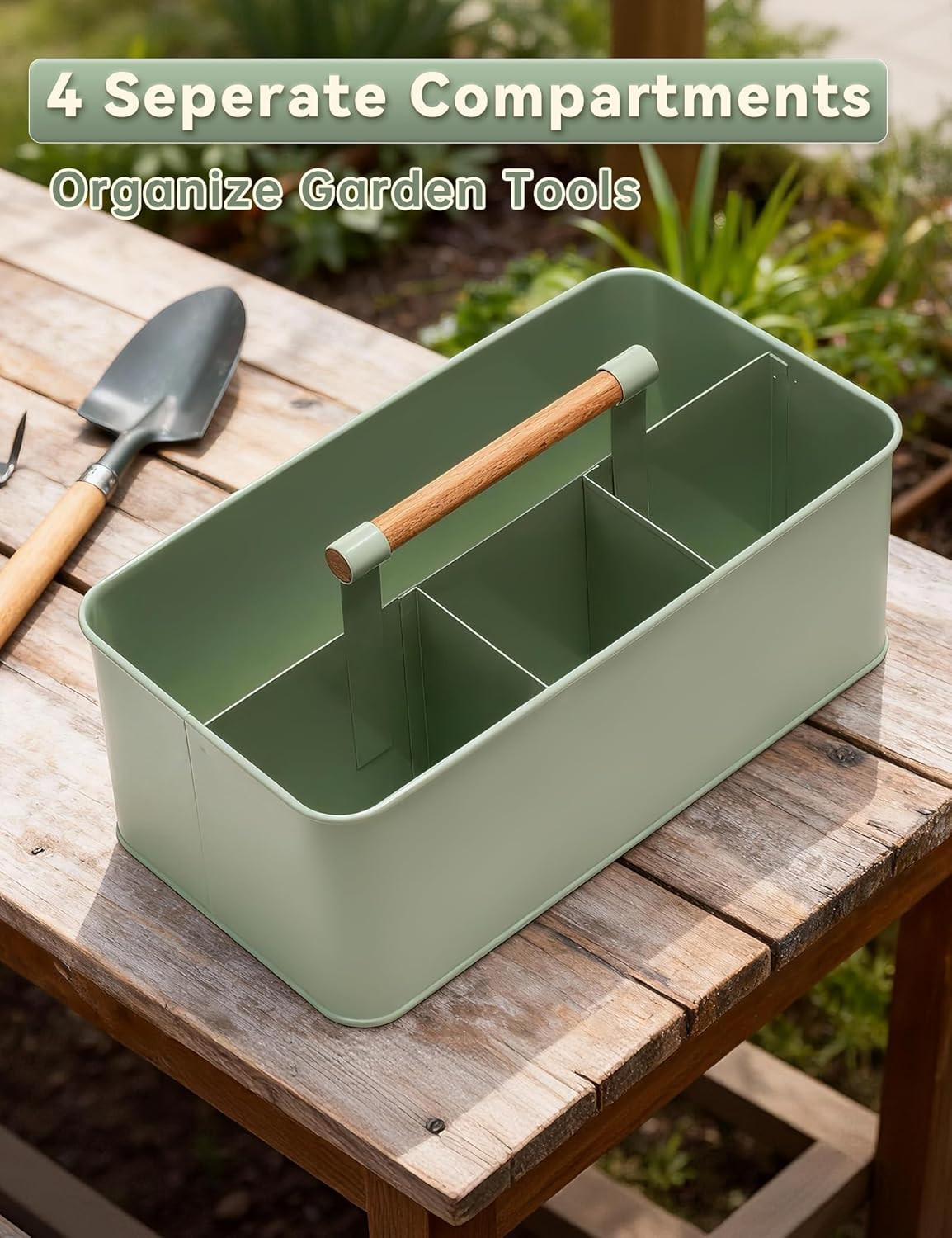 Gardening Tool Caddy, Garden Tool Basket with 4 Compartments, Metal Garden Caddy