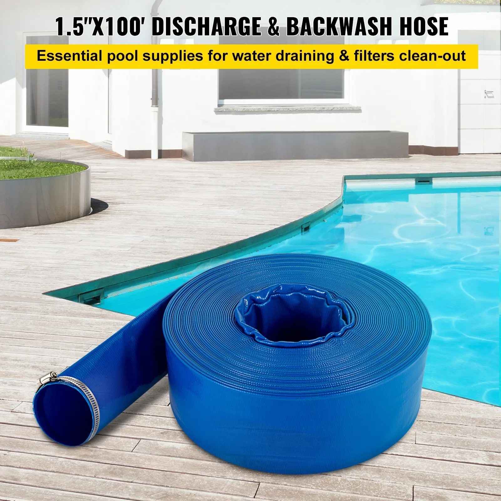 Discharge Hose, 1-1/2″ x 100′, PVC Fabric Lay Flat Hose, Heavy Duty Backwash
