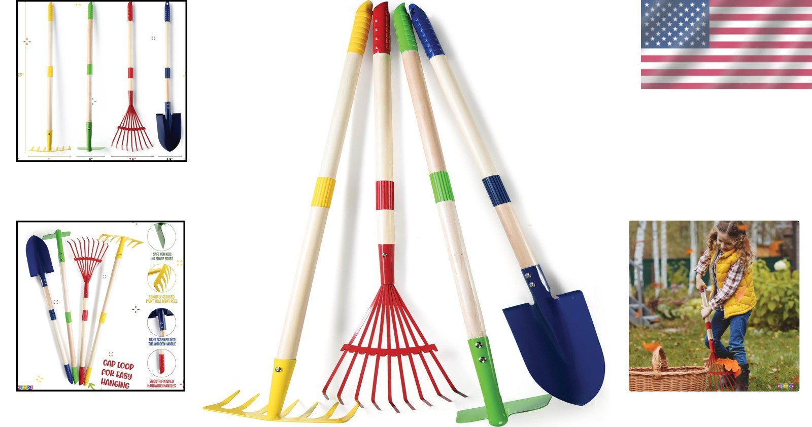 Kids Garden Tool Set Toy 4-Piece Shovel Rake Hoe Leaf Rake Wooden Gardening T…