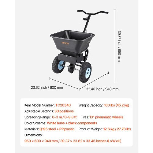 Lawn Spreader, 100LBS Capacity, Walk-Behind Push Spreader, 0-9.8ft Spreading Wid