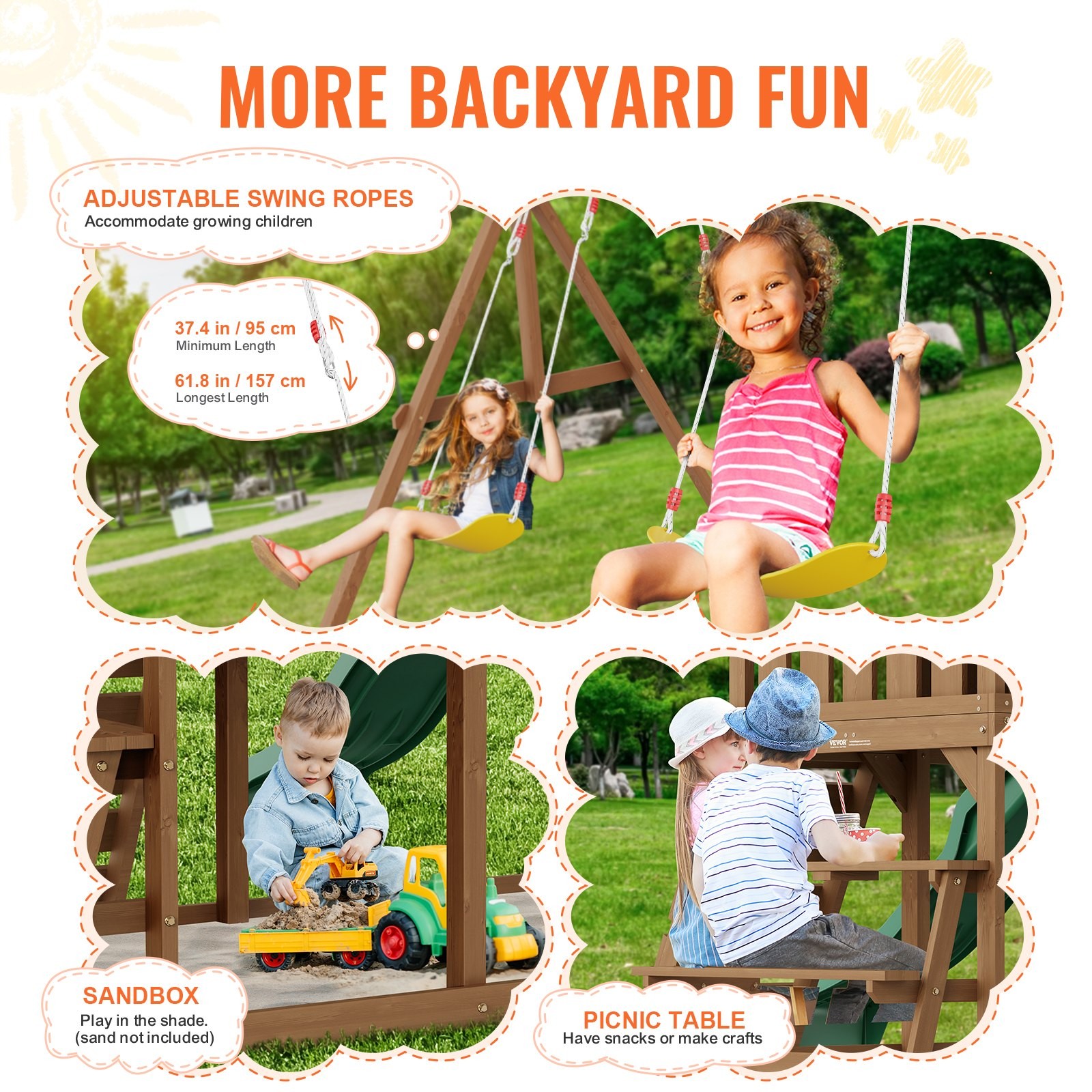 Wooden Swing Set,9 IN 1 Outdoor Playground Sets for Backyards,2 Swings,Trapeze B