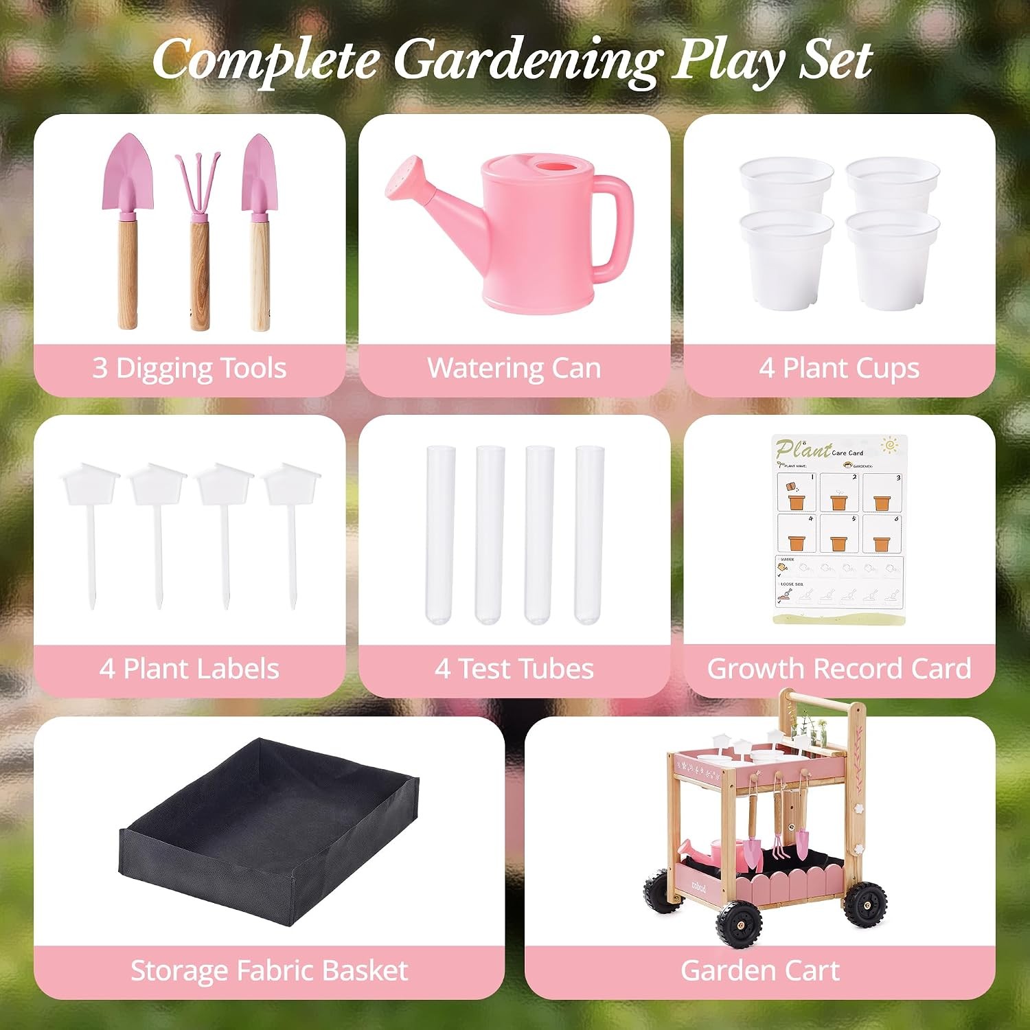 ROBUD Pink Kids Gardening Cart Set Wooden Wheelbarrow Watering Can