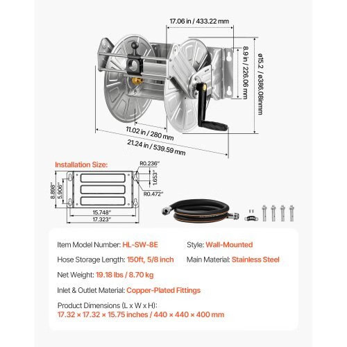 Wall Mounted Garden Hose Reel, Holds 150 ft 5/8-inch Water Hose Winder, Heavy-D