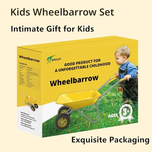 Kids Gardening Tool Set Wheelbarrow,2 Wheel Toddler Children Metal Yellow