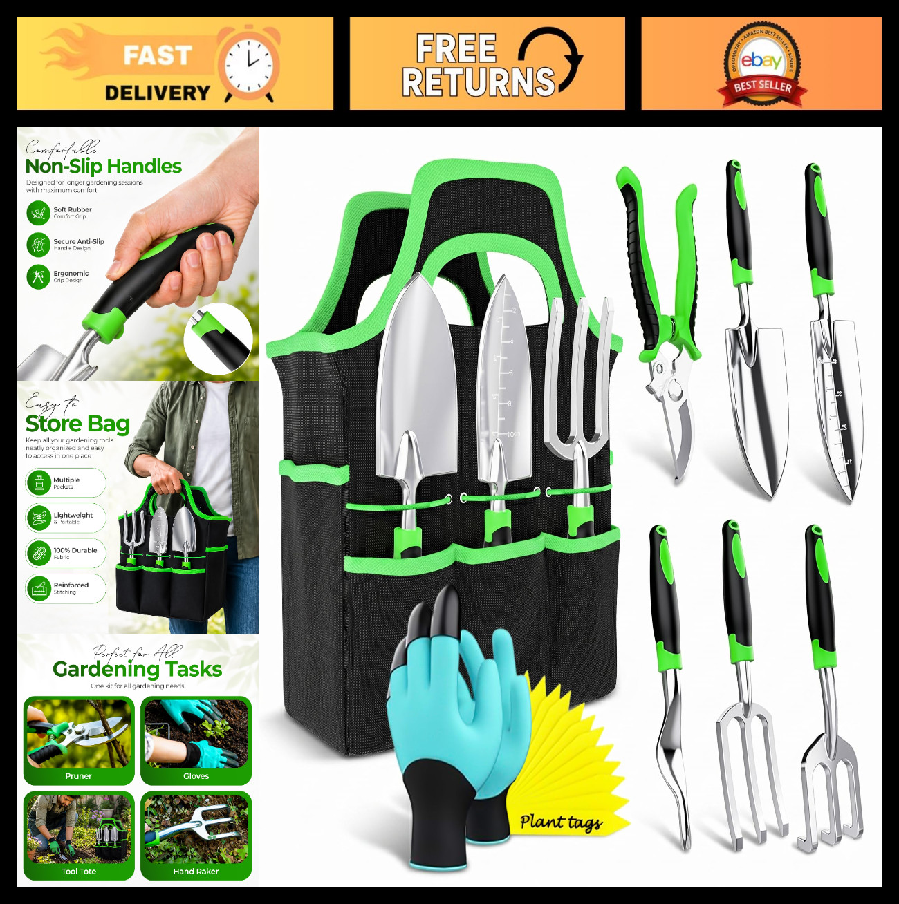 8-Piece Gardening Tools Set with Bag – Heavy Duty Stainless Steel, Ergonomic Han