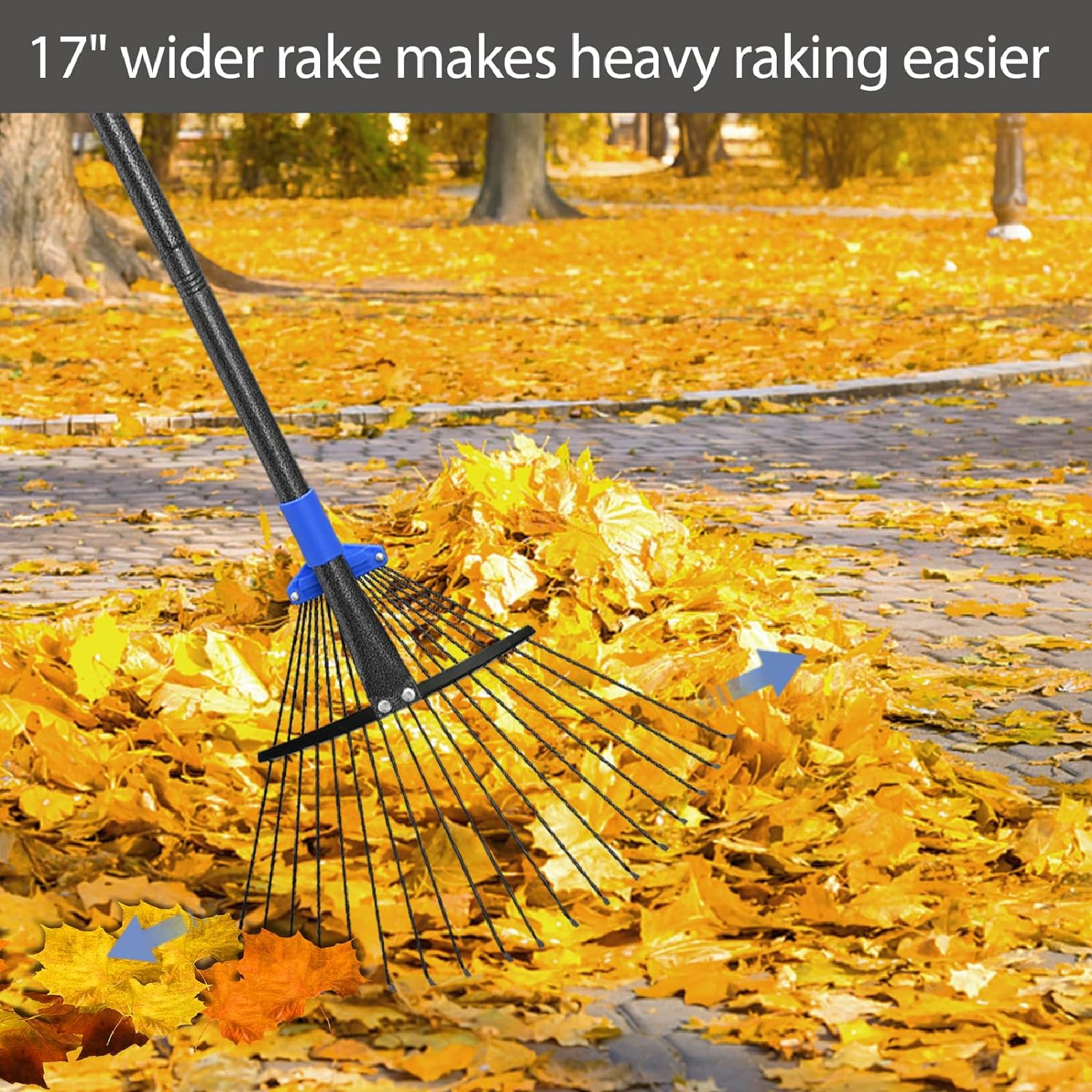 Rake for Yard Lawn Shrub tree Leaves 18 Metal Tine 9″~17″ W x 60~82″ Long handle