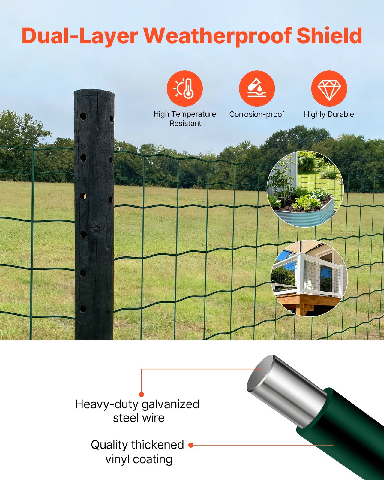 Farm Fence, 39 x 787 in, 4 x 4 in Mesh 2.1mm Galvanized Steel Wire Fencing for C