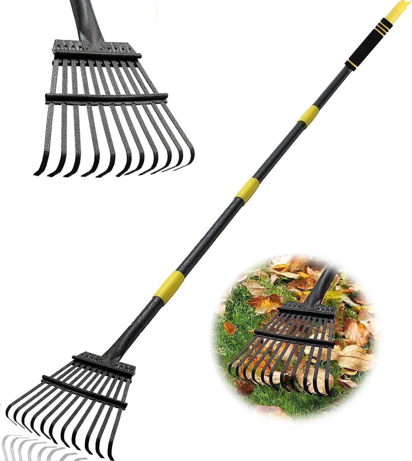Rack for Yard Lawn Shrub clean Leaves 11 Metal Tines with 30″ ~ 72″ Long handle
