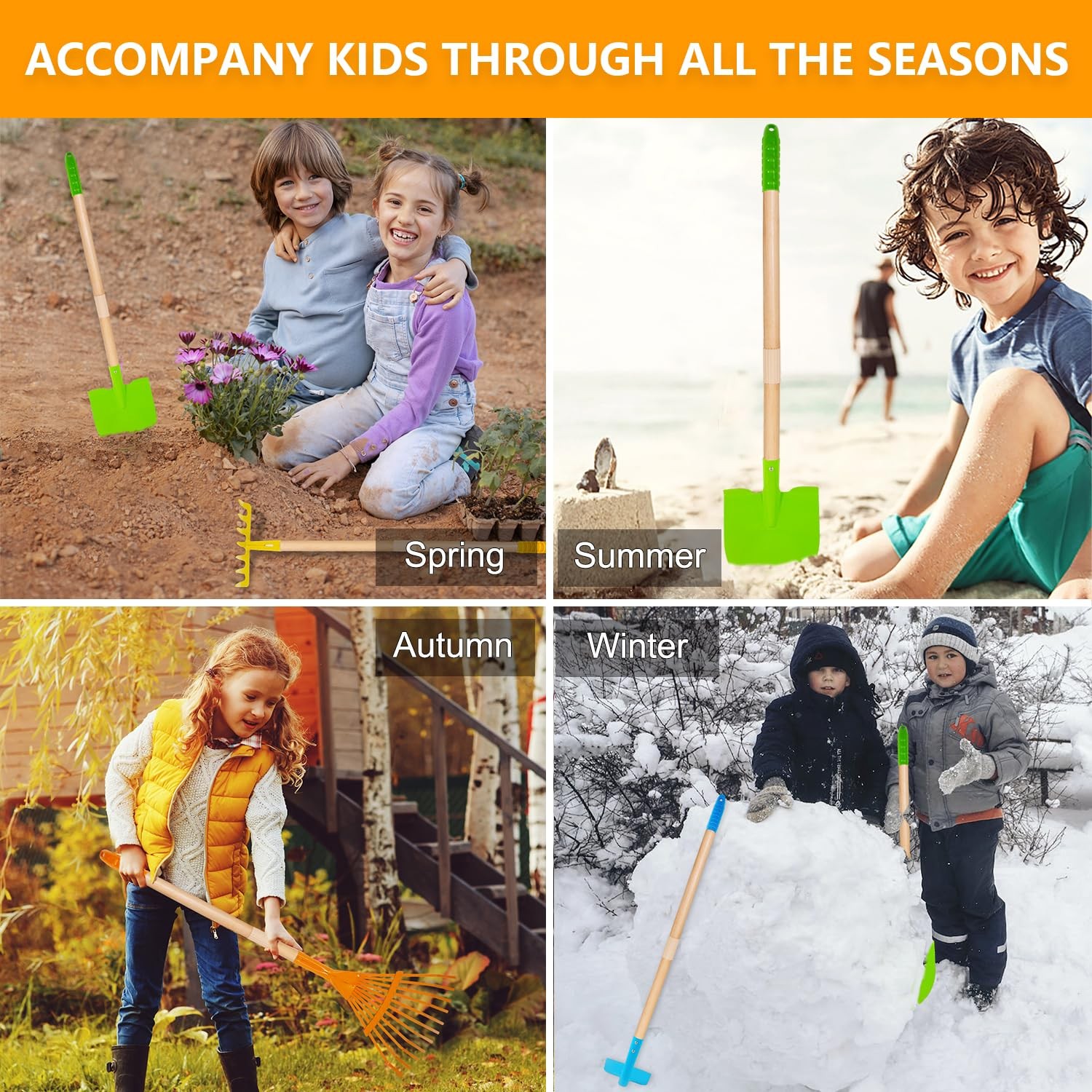 Kids Garden Tools Set – 5 Piece Shovel, Rake, Spade, Hoe, Broom for Ages 3-8