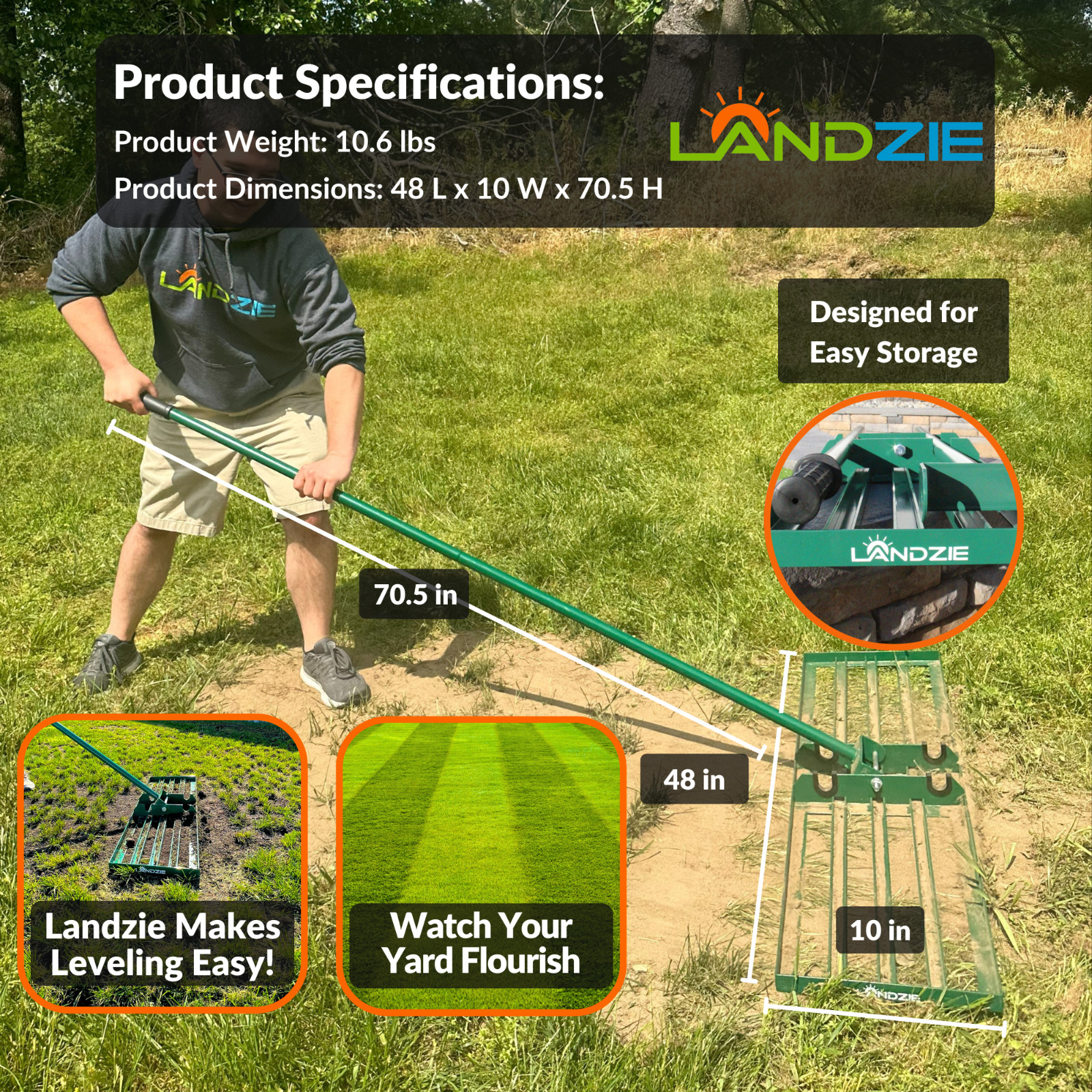 Landzie Lawn Leveling Rake – 48 Inch XL Lawn Care Yard, and Garden Leveler Rake