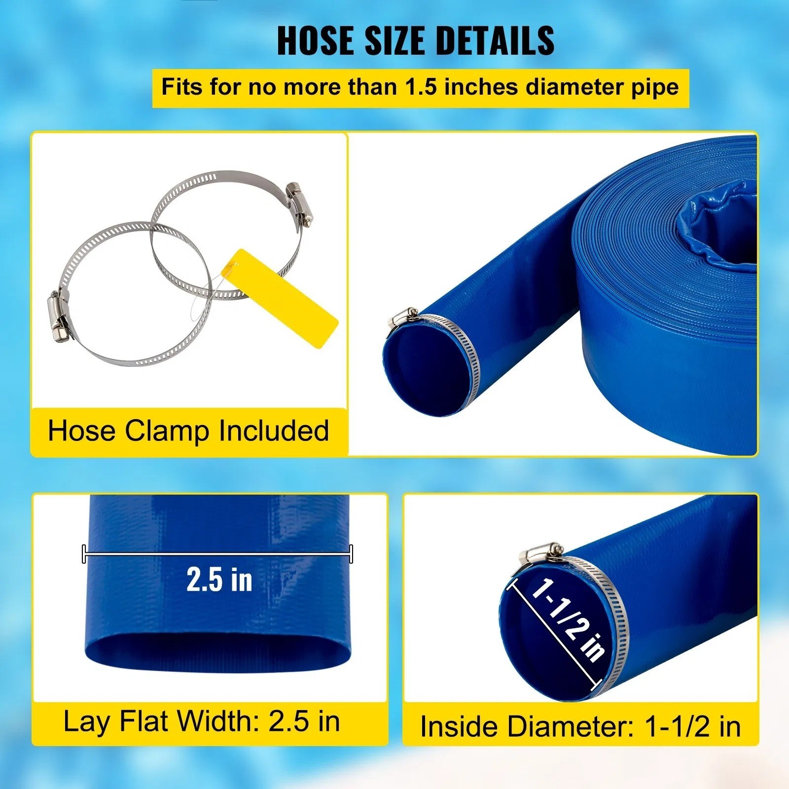 Discharge Hose, 1-1/2″ x 100′, PVC Fabric Lay Flat Hose, Heavy Duty Backwash