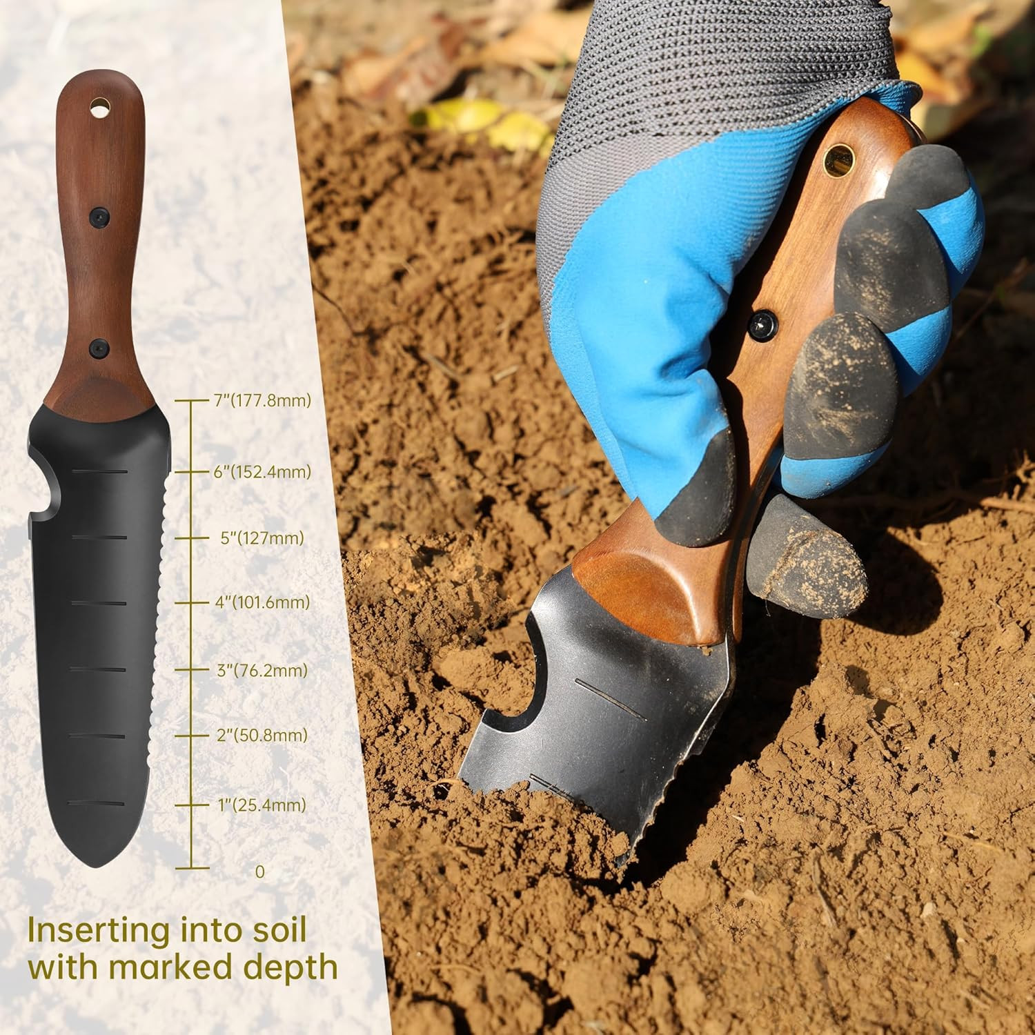 12-Inch Garden Trowel with Full-Tang Wooden Handle & Black Stainless Steel Blade