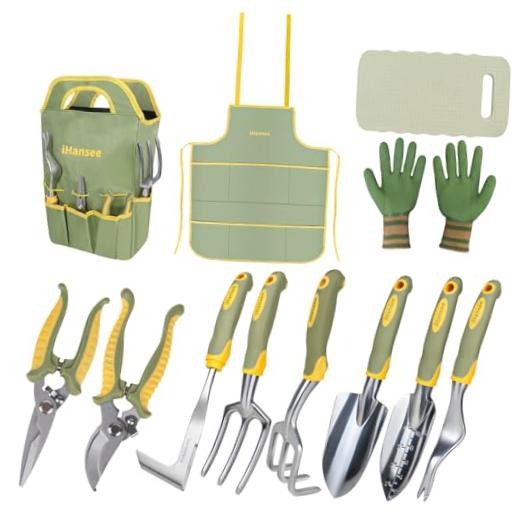 Set of 12 Garden Tool, Heavy-Duty Aluminum Gardening Hand Tools with Green