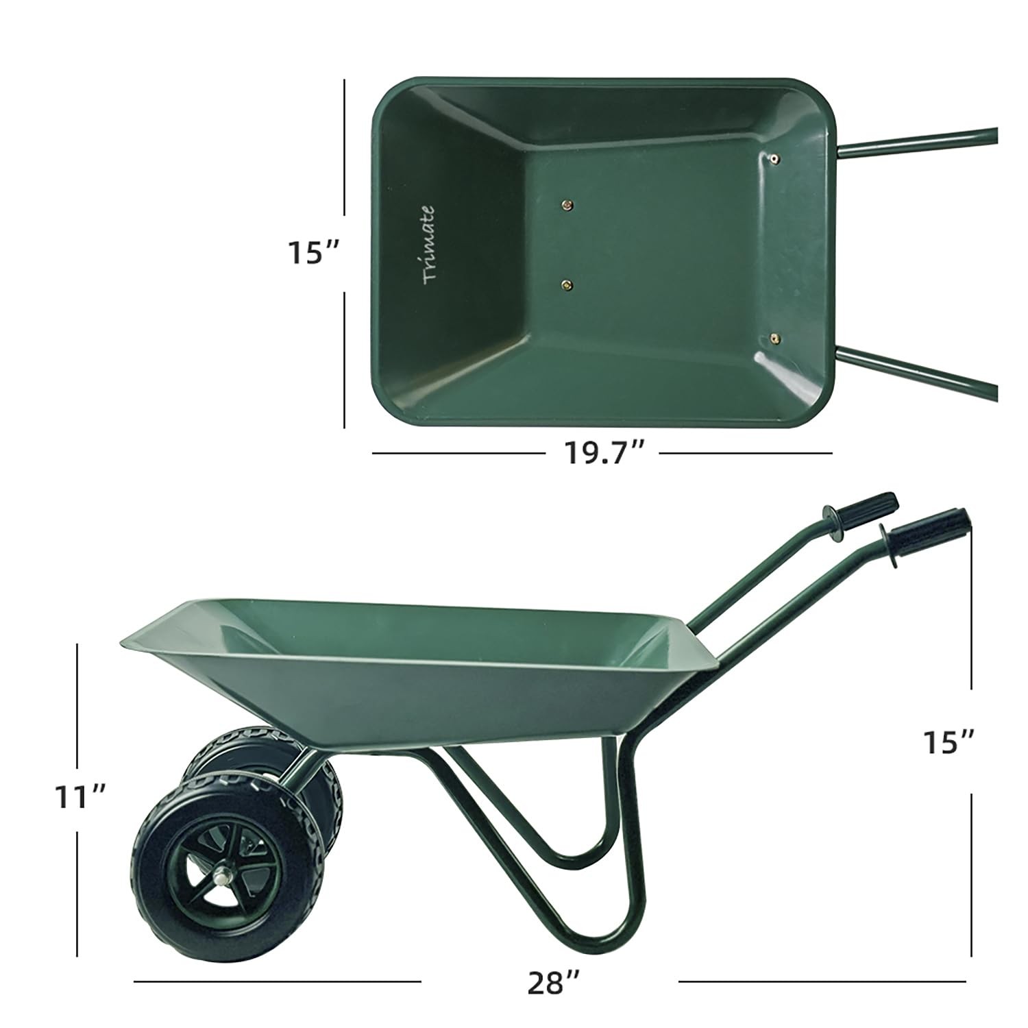 Metal Wheelbarrow – Hunter Green – Outdoor-Indoor Play Toy, 11x28x15, Dual Wh…