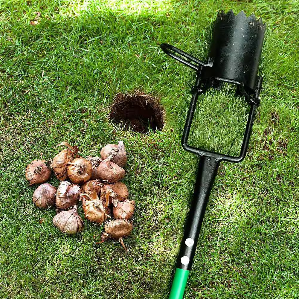 5-In-1 Bulb Planter Tool and Sod Plugger with Long Handle Serrated Base