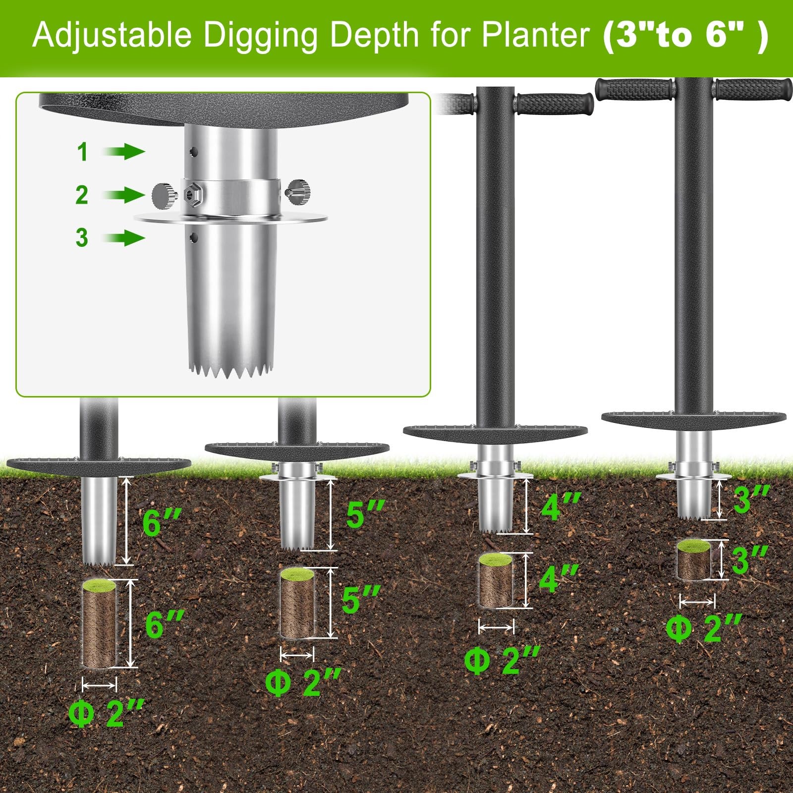 3-in-1 Sod Plugger & Bulb Planter Tool – Depth Adjust (3-6”) Stainless Steel…