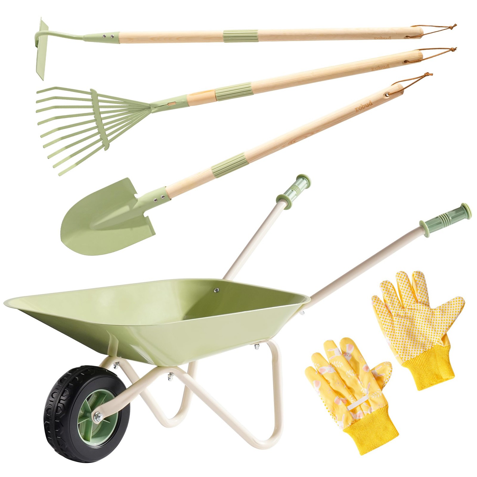 Kids Wheelbarrow Set, Green Metal Toddler Wheelbarrow with Shovel, Hoe, Broom…