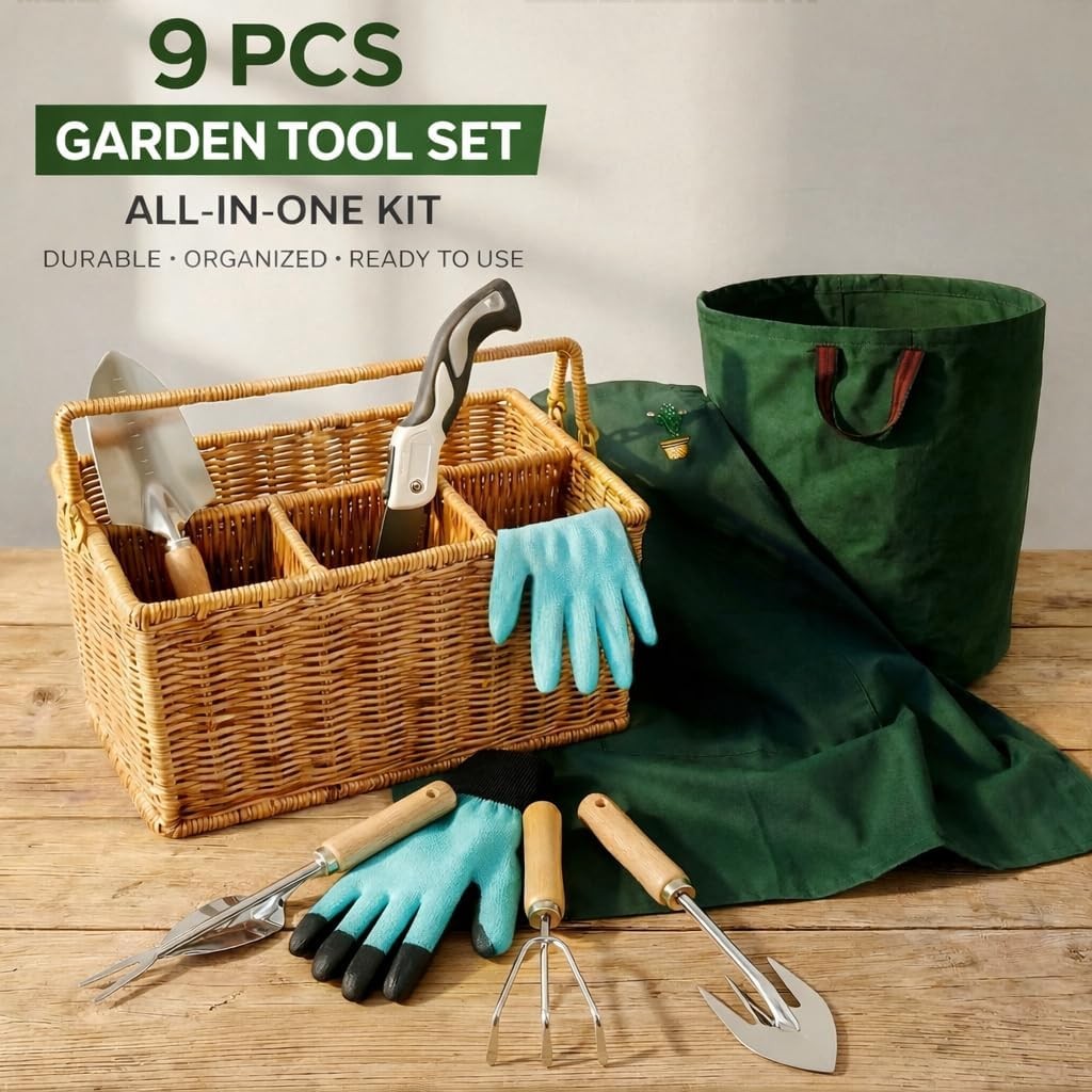 Wood Steel Garden Tool Set with Basket Apron Gloves Waste Bag