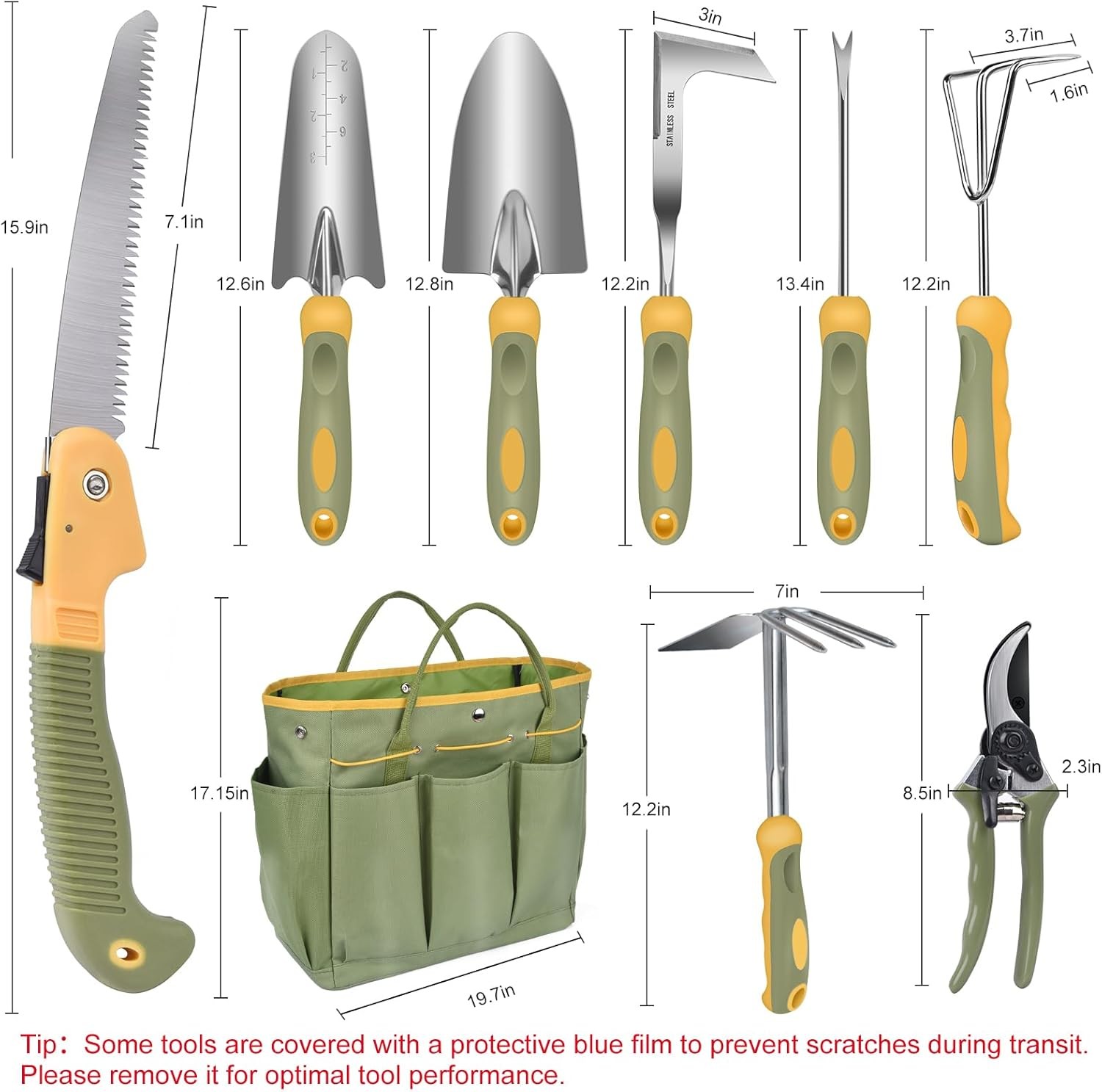 9Pcs Garden Tool Set Stainless Steel Heavy Duty Gardening Gifts with Tote Bag