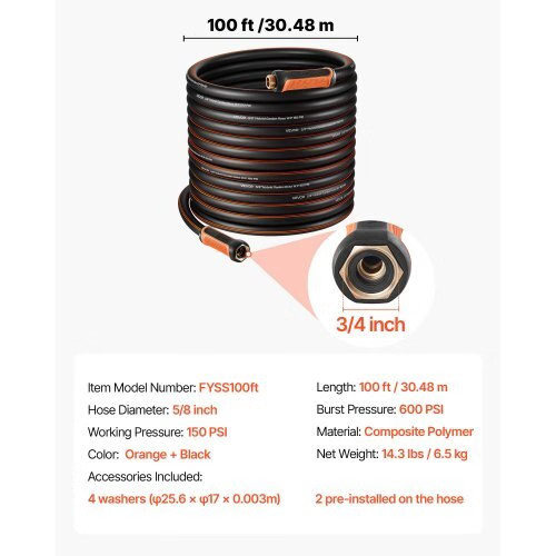 Garden Hose, 100 ft 5/8″ Heavy Duty 4-Layer Rubber Water Hose, 150PSI Working &