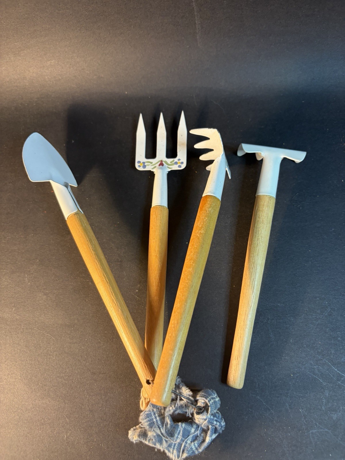 Kids Garden Tool Set Rake Spade Hoe 6” Long Decorative Metal & Wood