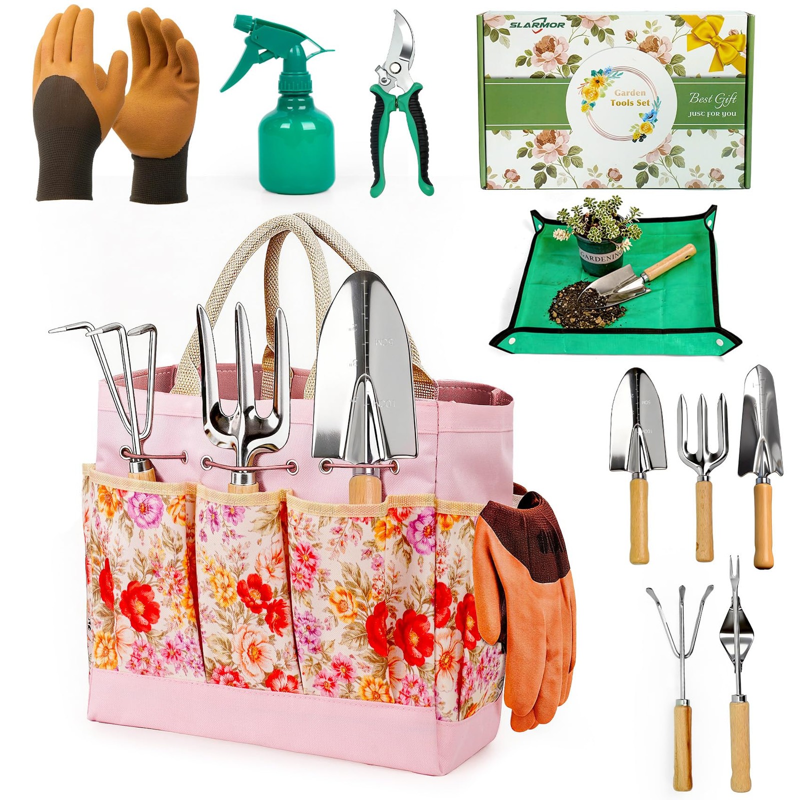 SLARMOR Garden Tool Set, 10 PCS Gardening Essentials, Stainless Steel Pink