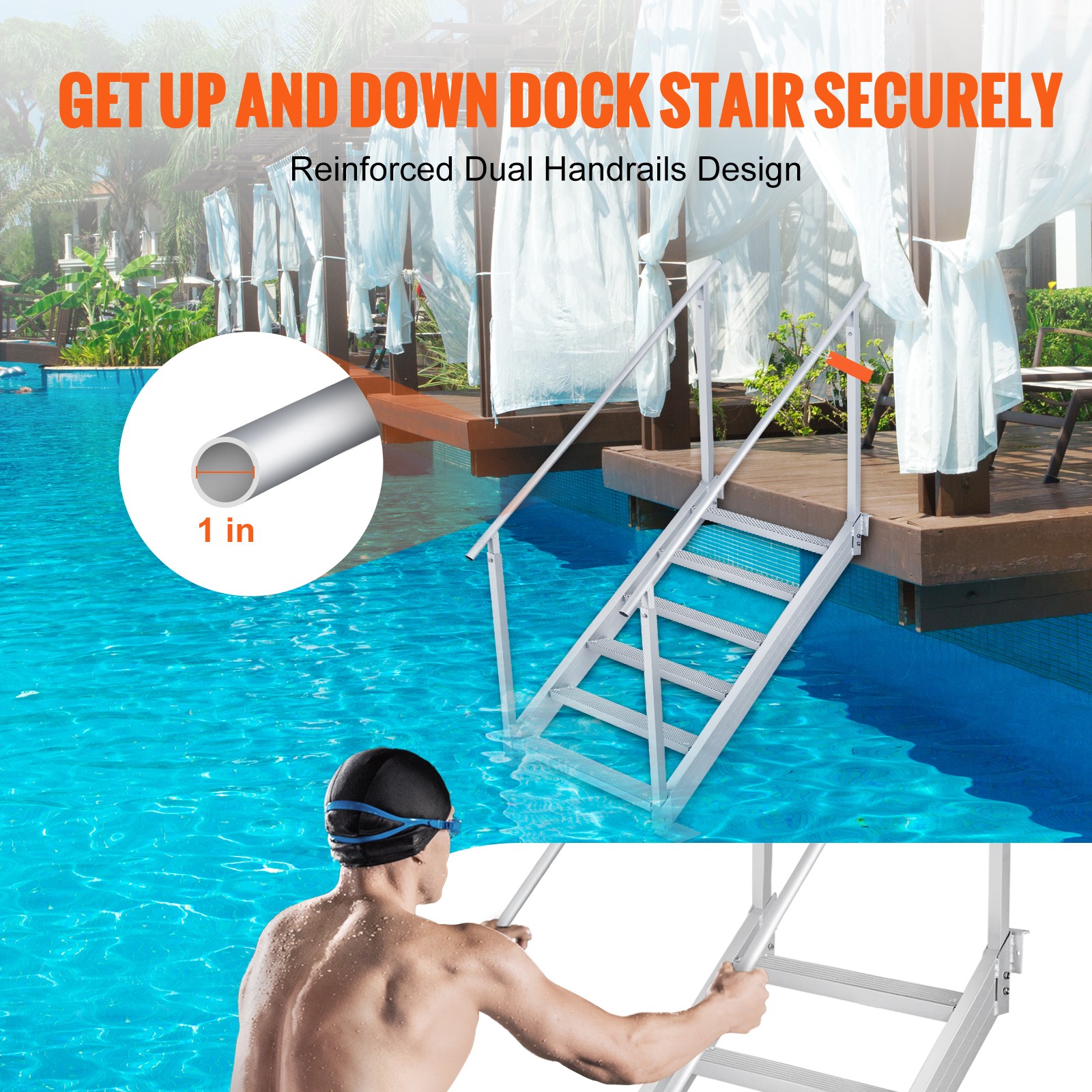 43″-51″ Adjustable Aluminum Alloy Dock Ladder, 6 Steps, 500 lbs Capacity