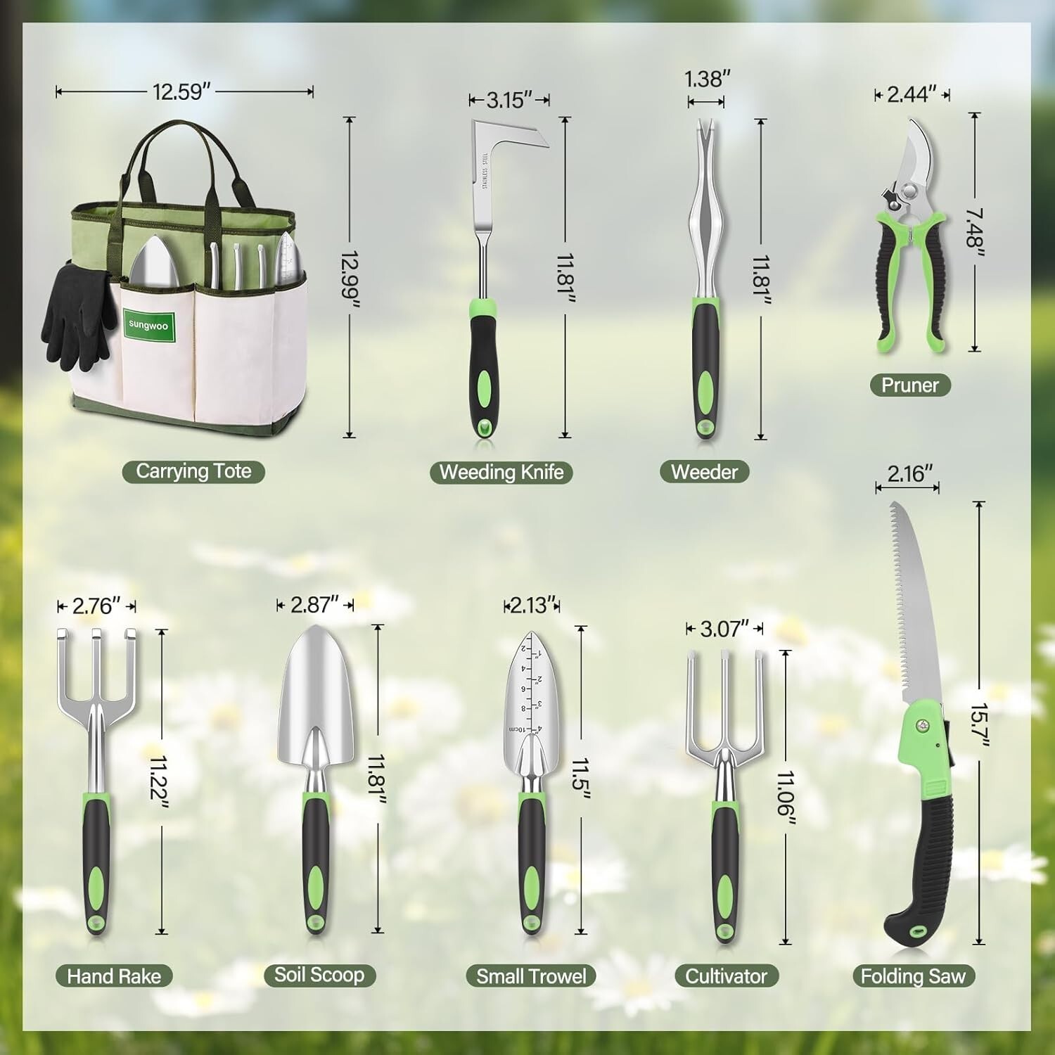 10PCS Garden Tool Set Heavy Duty Aluminum with Tote Bag Gardening Gift Women Men