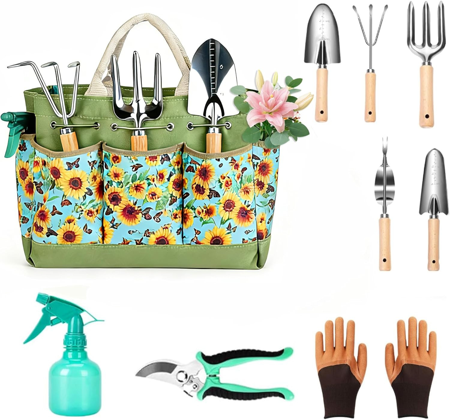 Garden Tool Set, 9 Pcs Heavy Duty Stainless Steel Gardening Hand Tool, Green Gar